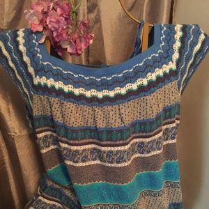 DKNY  knit & crotchet top teal gray stripes boho